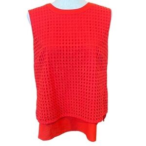 J Crew Eyelet Sleeveless Mesh Top Size 12 Large Preppy Office Orange Red Bright